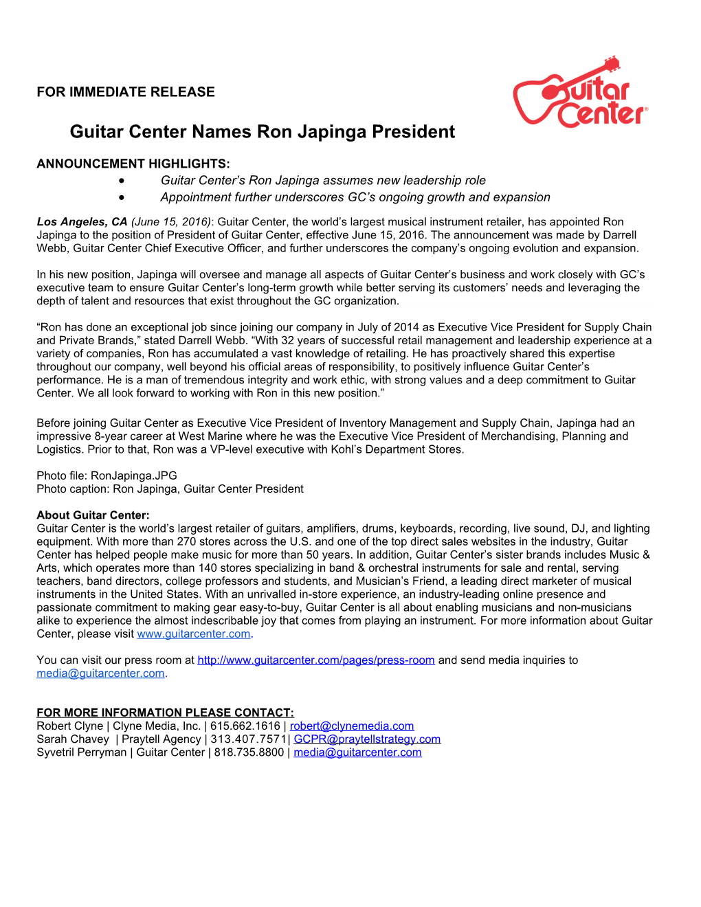 Guitar Center Names Ron Japinga President