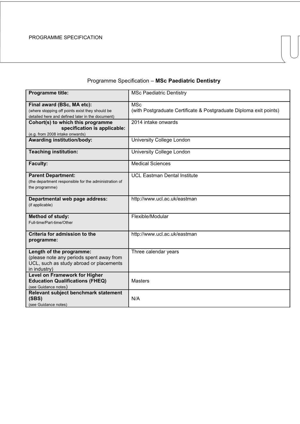 Programme Specification Msc Paediatric Dentistry