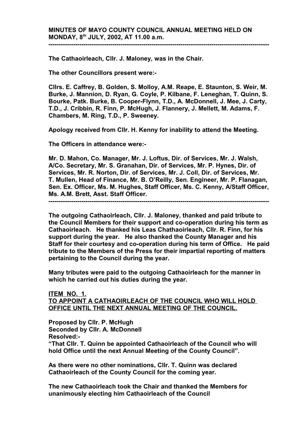 MINUTES of MAYO COUNTY COUNCIL ANNUAL MEETING HELD on MONDAY, 8Th JULY, 2002, at 11