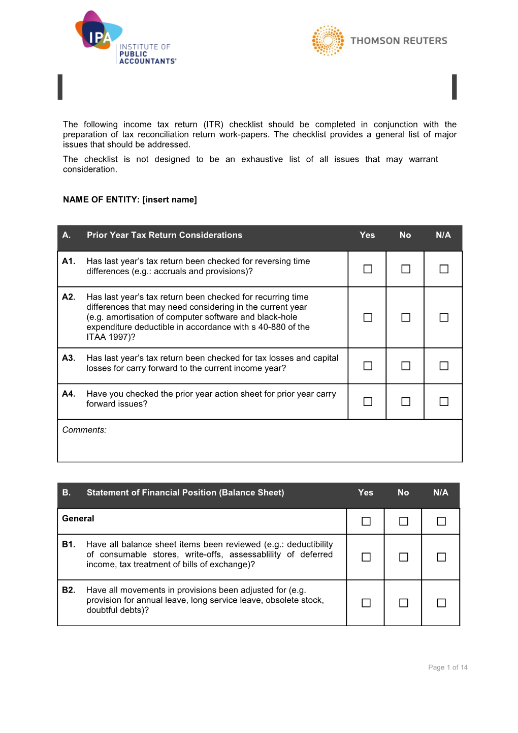 Thefollowing Incometaxreturn(ITR)Checklistshouldbecompleted Inconjunctionwiththe