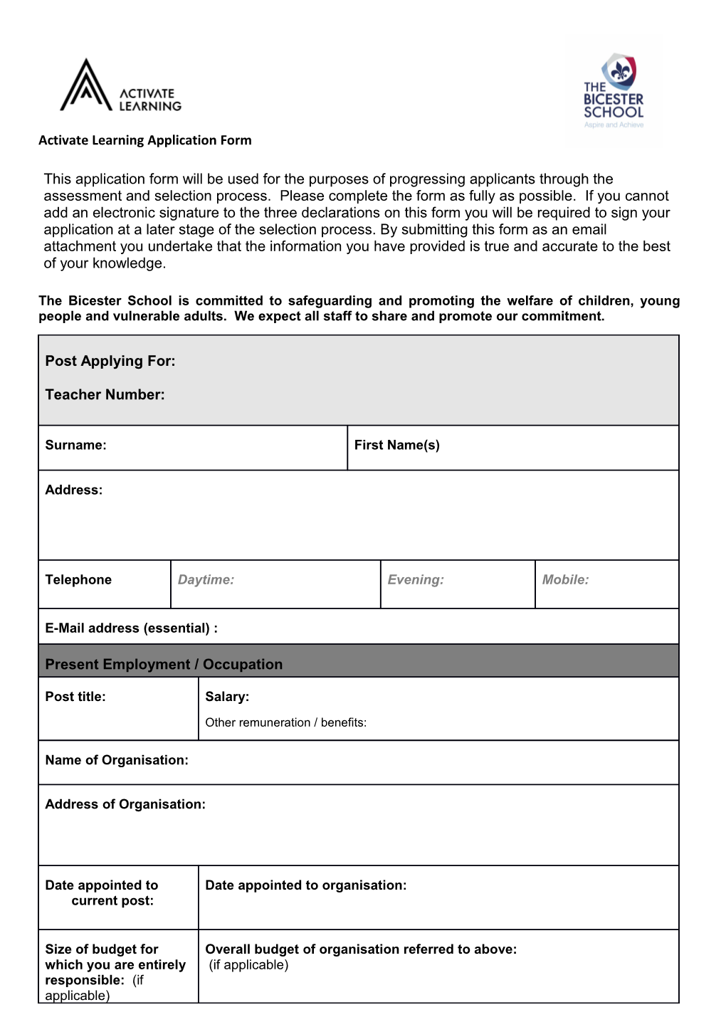 Activate Learning Application Form