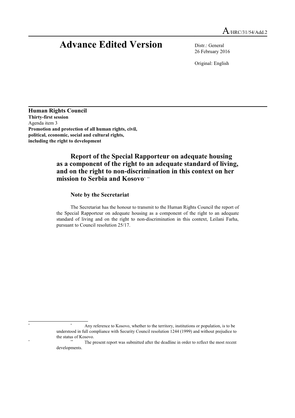 Report of the Special Rapporteur on Adequate Housing As a Component of the Right to An