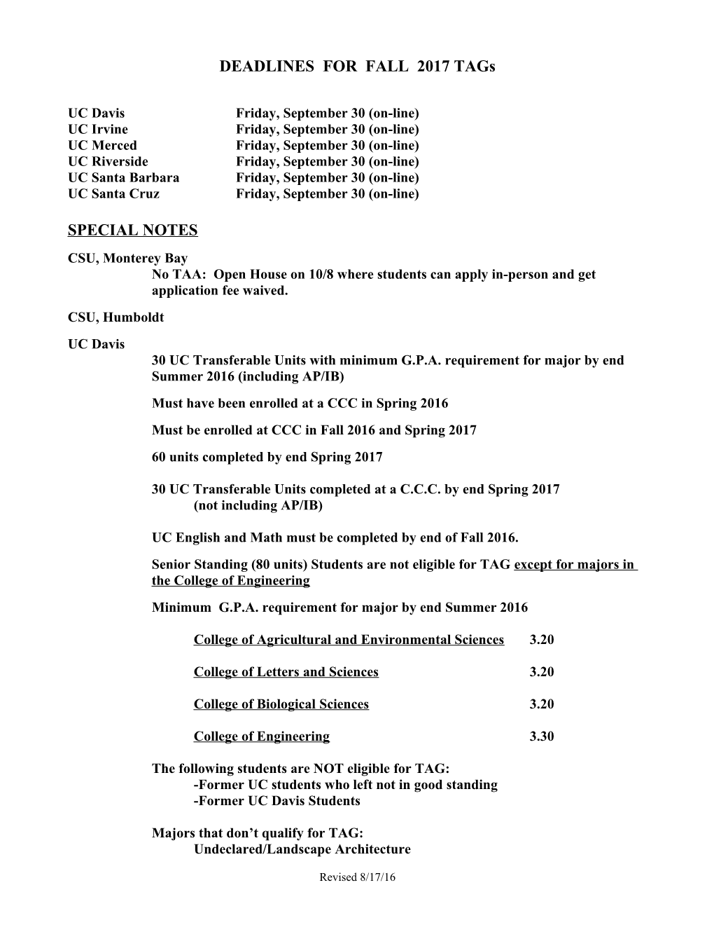 Taa Deadlines for Fall 1999