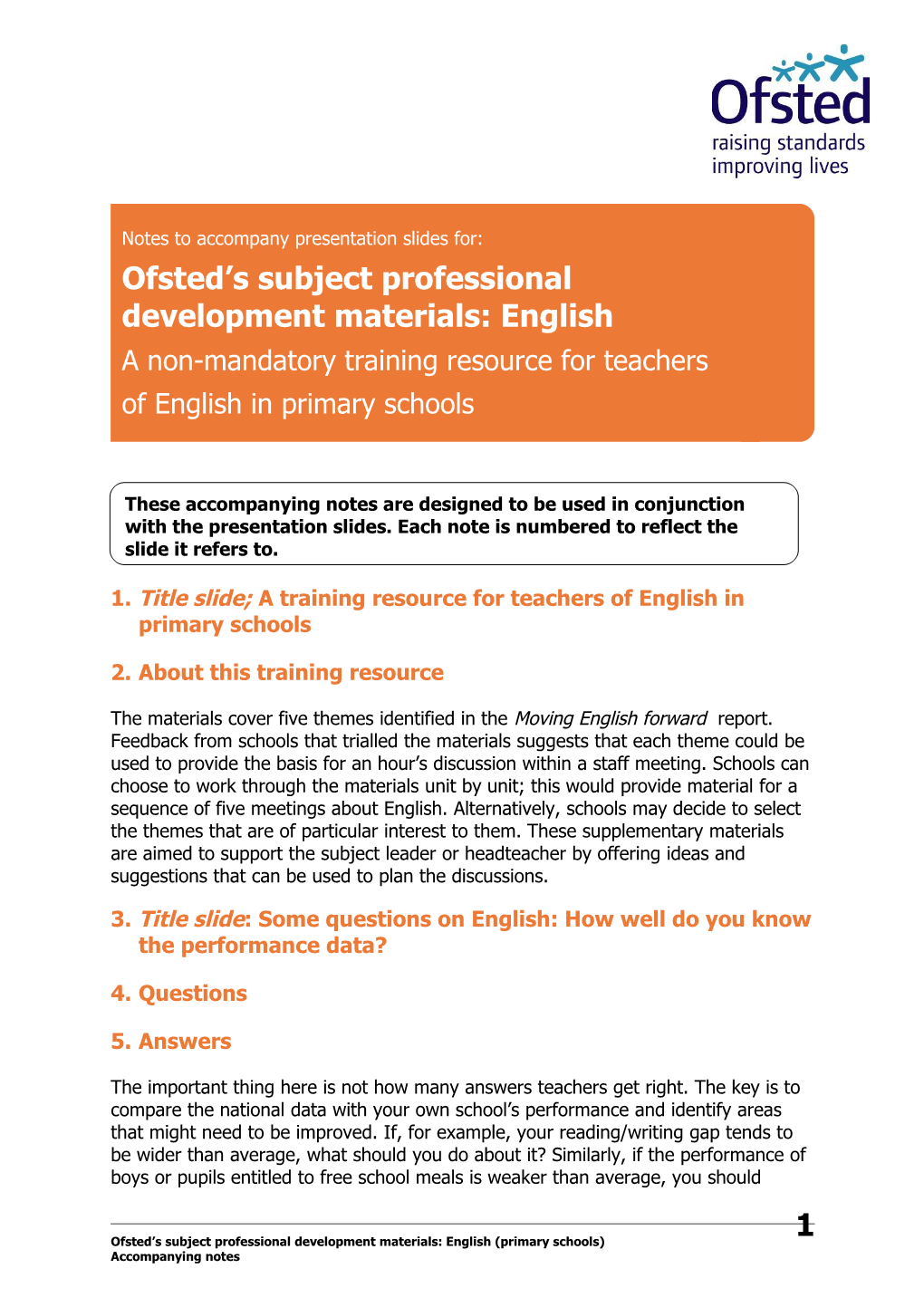 Ofsted S Subject Professional Development Materials: English (Primary Schools)