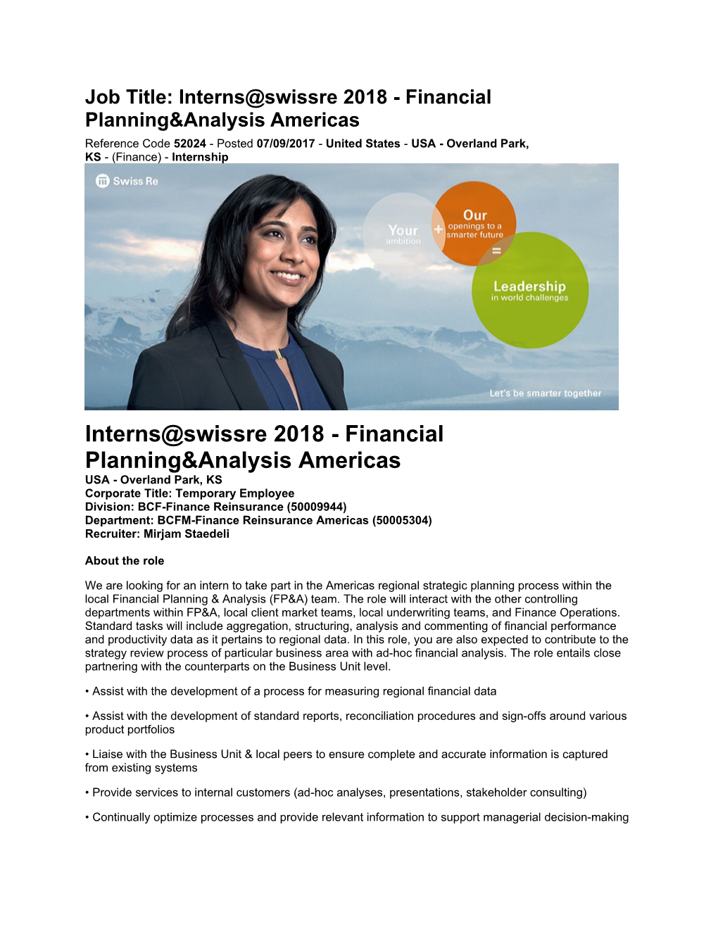 Job Title: Interns Swissre 2018 - Financial Planning&Analysis Americas
