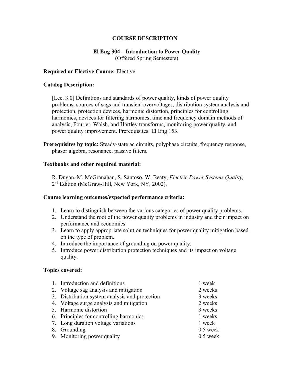 El Eng 304 Introduction to Power Quality