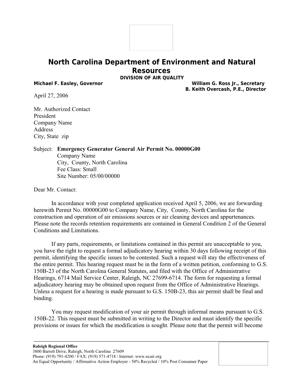 North Carolina Department of Environment and Natural Resources DIVISION of AIR QUALITY