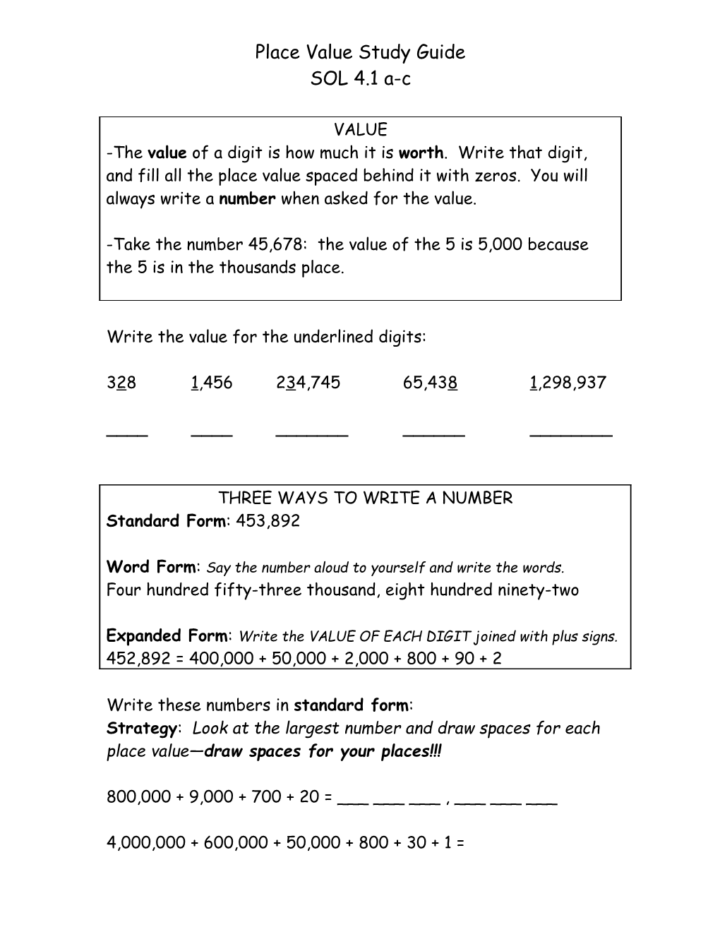 Place Value Study Guide