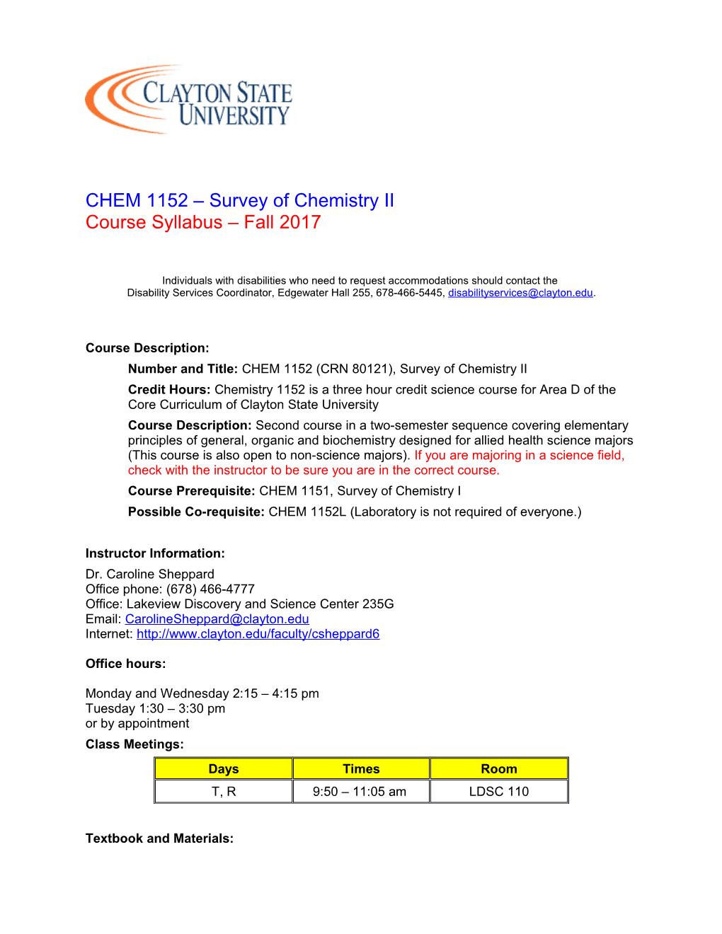 CHEM 1152 Survey of Chemistry II Course Syllabus Fall 2017