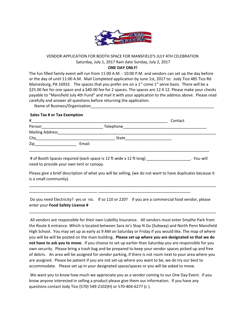 Vendor Application for Booth Space for Mansfield's July 4Th Celebration
