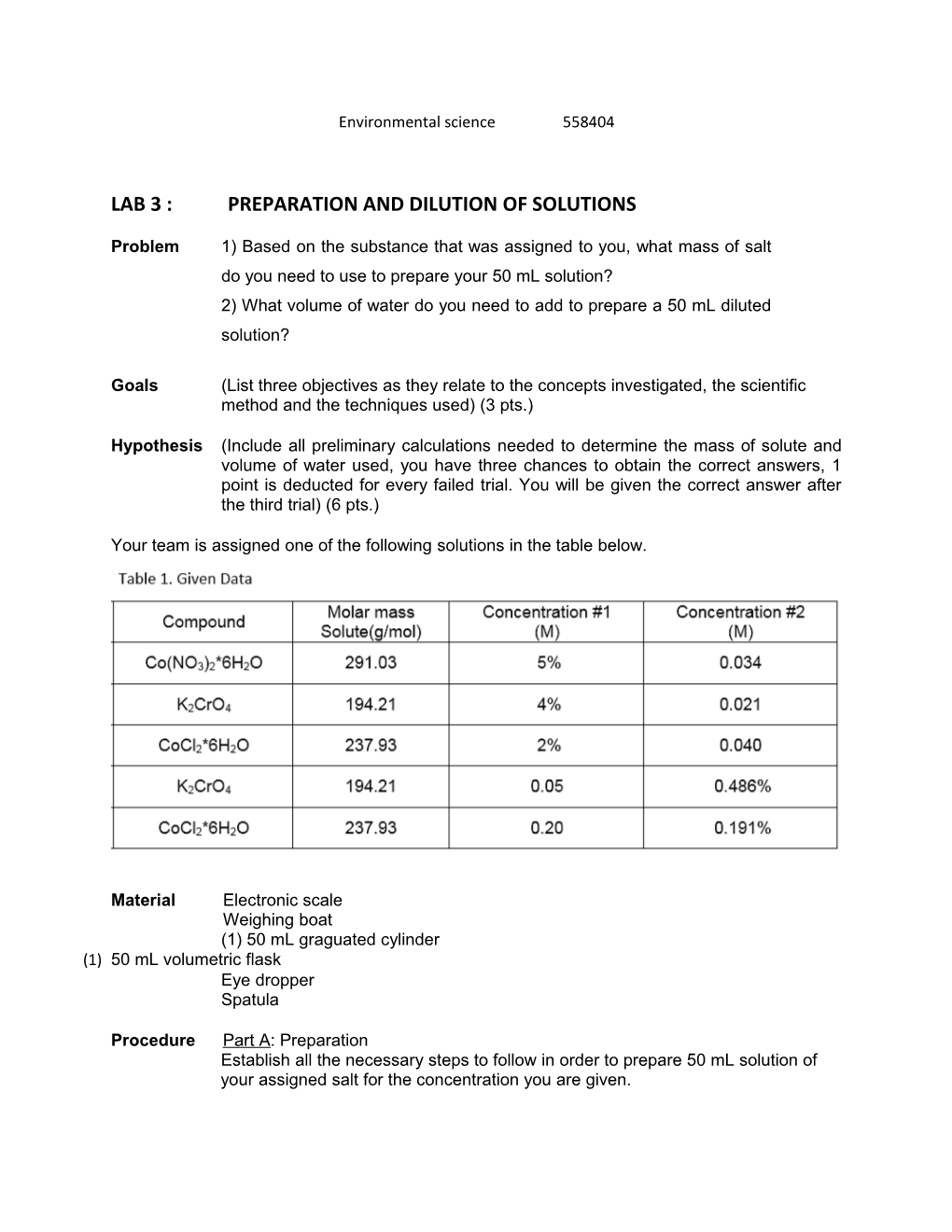 Lab 3: Preparation and Dilution of Solutions