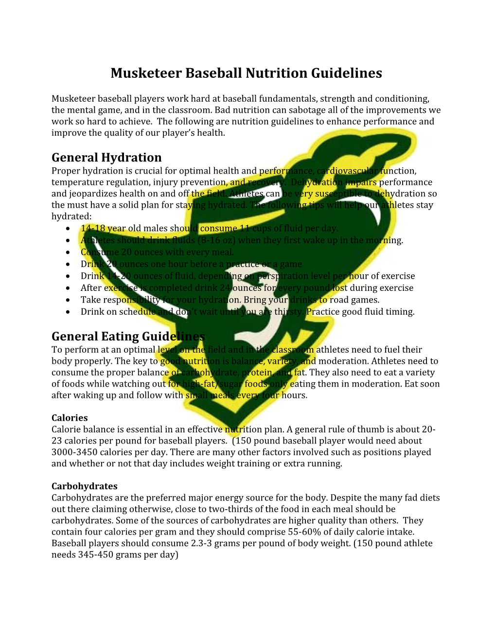 Musketeer Baseball Nutrition Guidelines