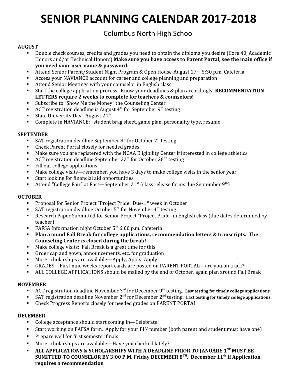 Senior Planning Calendar 2017-2018