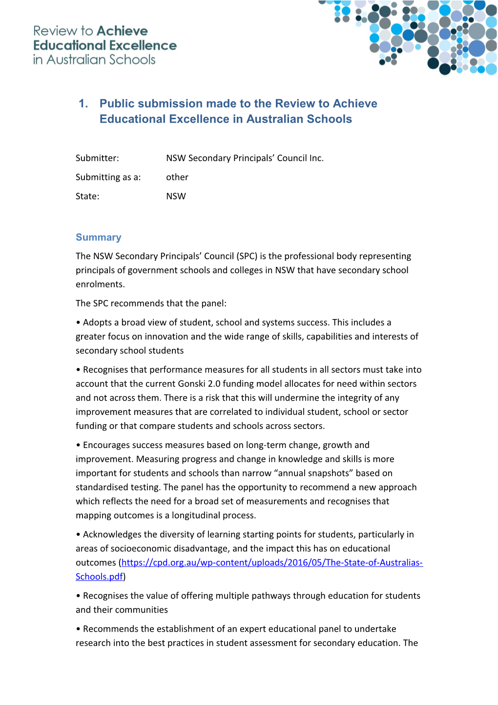Public Submission Madeto the Review to Achieve Educational Excellence in Australian Schools