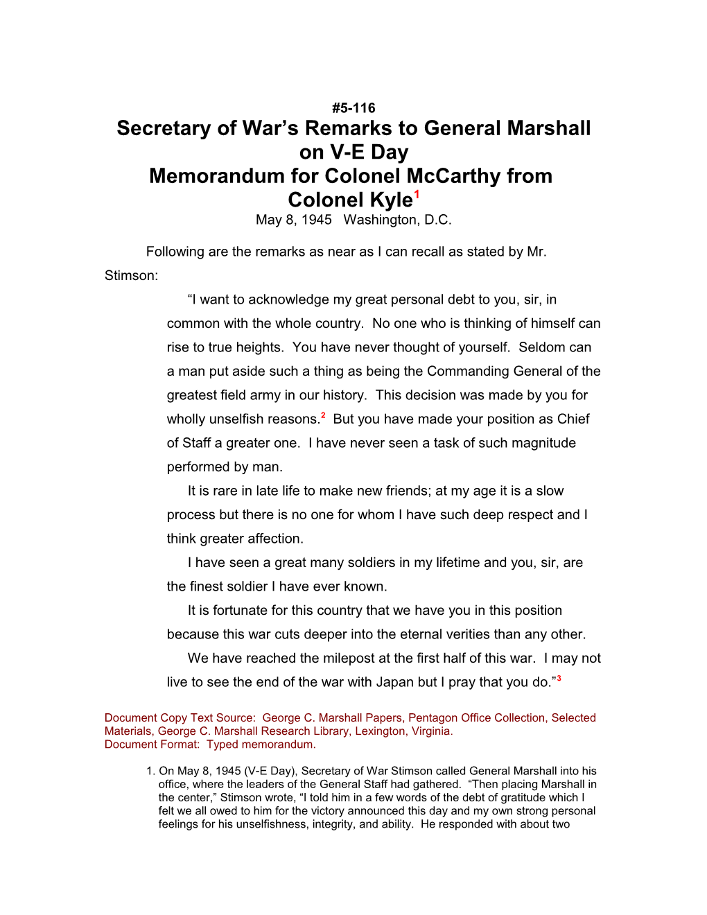 Secretary of War S Remarks to General Marshall on V-E Day
