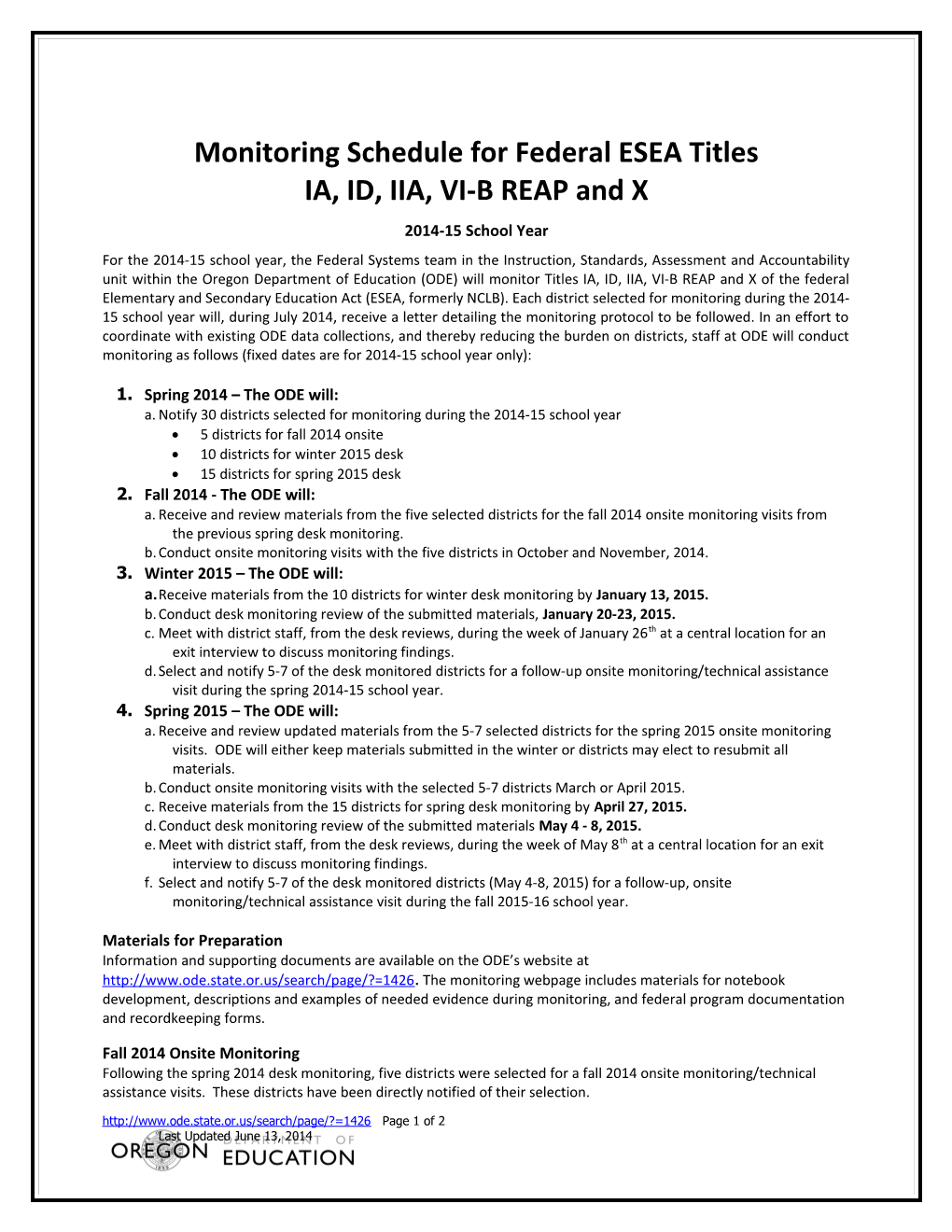 Monitoring Schedule for Federal ESEA Titlesia, ID