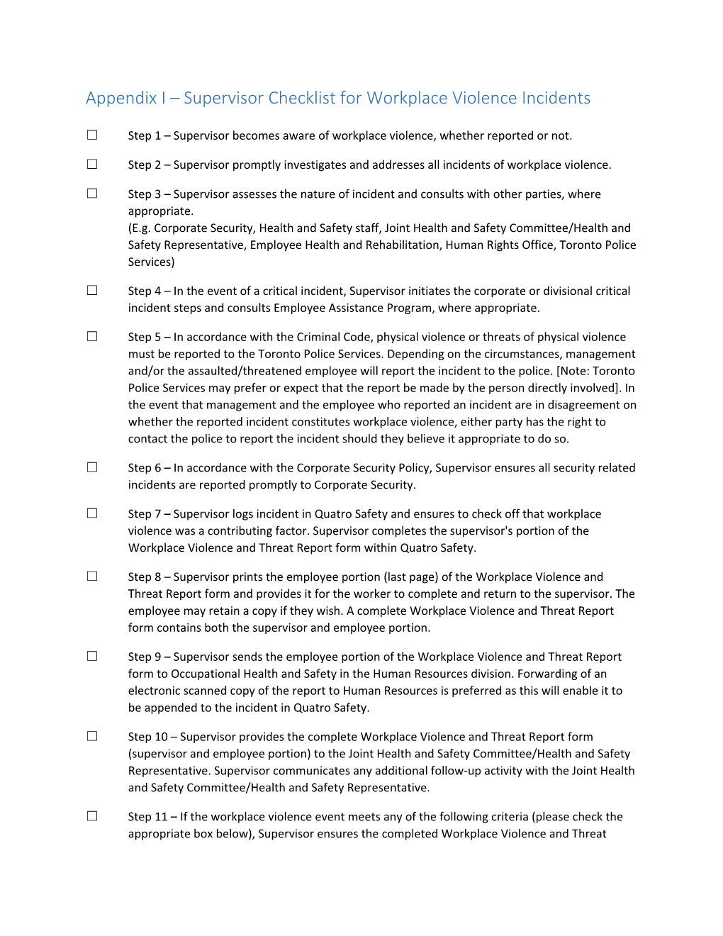 Appendix I Supervisor Checklist for Workplace Violence Incidents