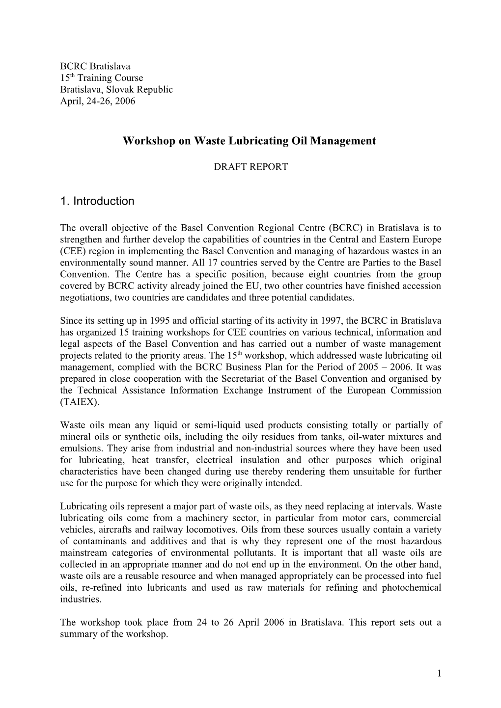 Workshop on Waste Lubricating Oil Management