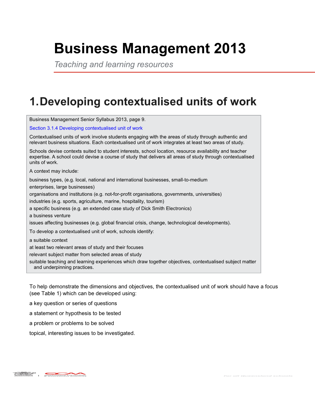 Business Management (2013) Teaching and Learning Resources: Developing Contextualised Units