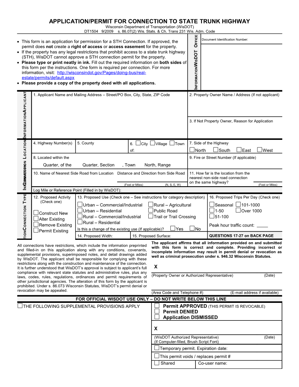 DT1504 Application/Permit for Connection to State Trunk Highway