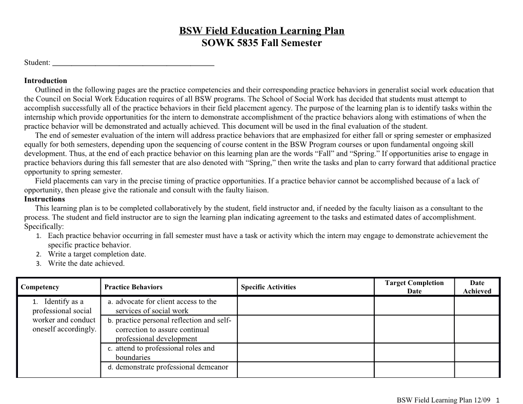 University of Georgia BSW Field Learning Plan