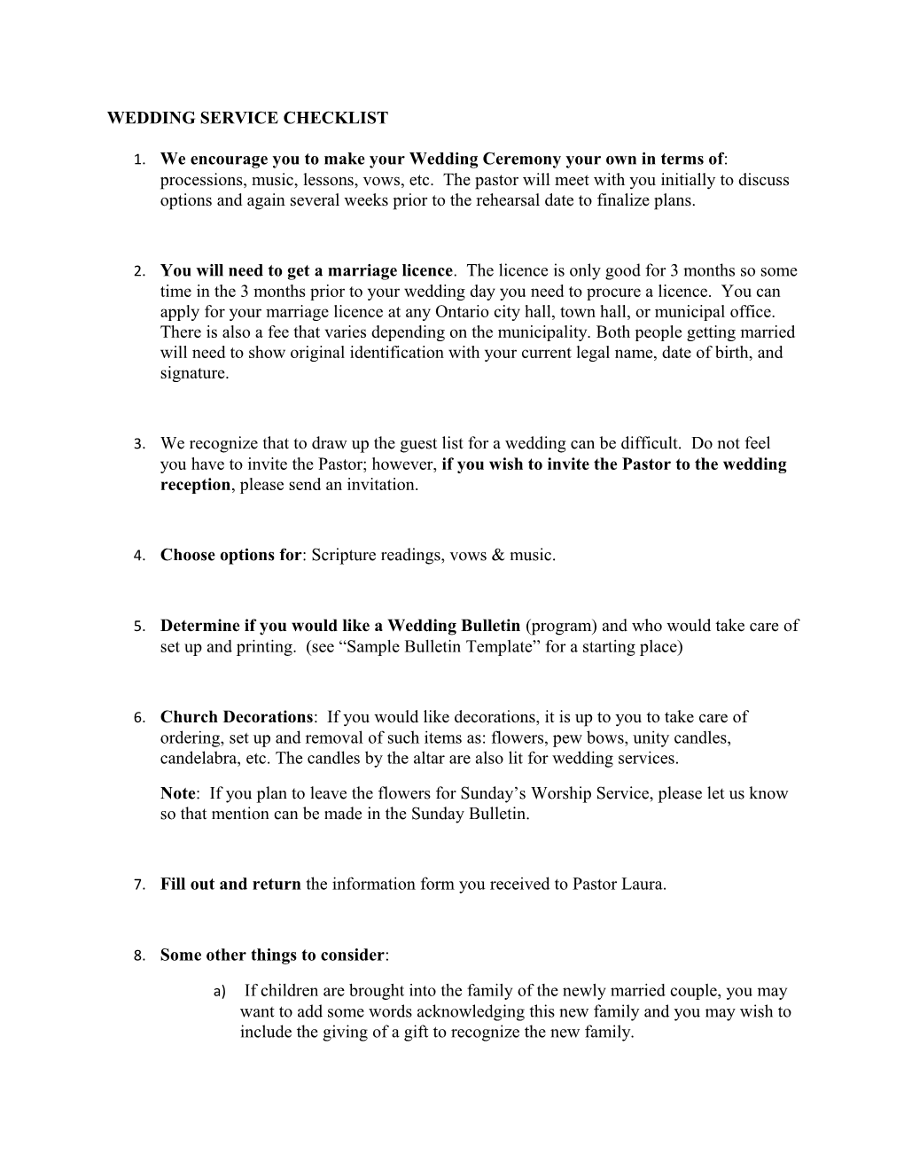 Wedding Service Checklist
