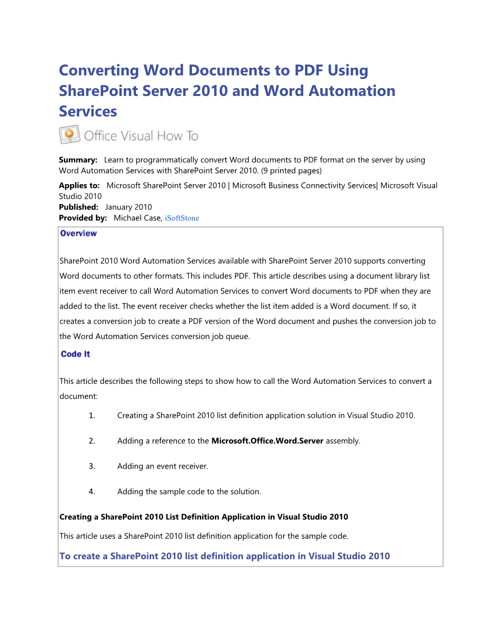 Converting Word Documents to PDF Using Sharepoint Server 2010 and Word Automation Services