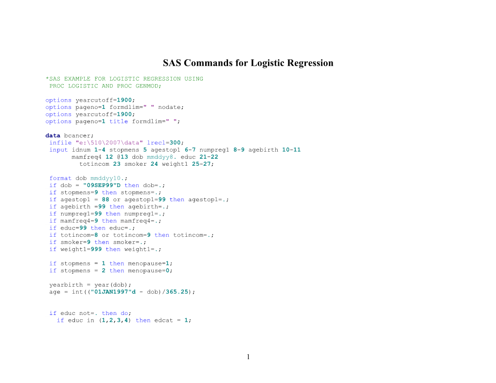 SAS Commands for Logistic Regression