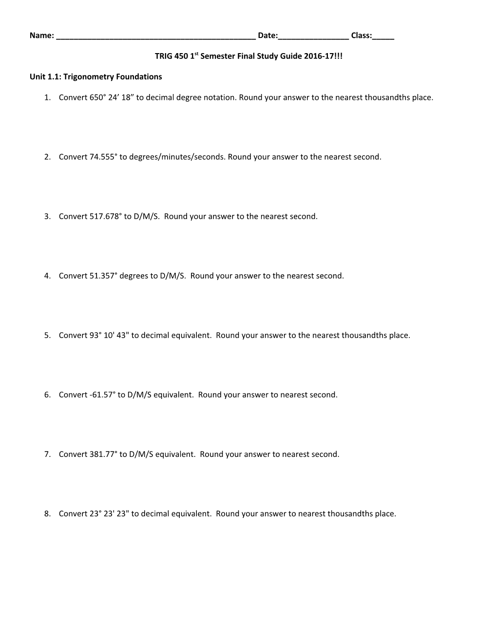 TRIG 450 1St Semester Final Study Guide 2016-17