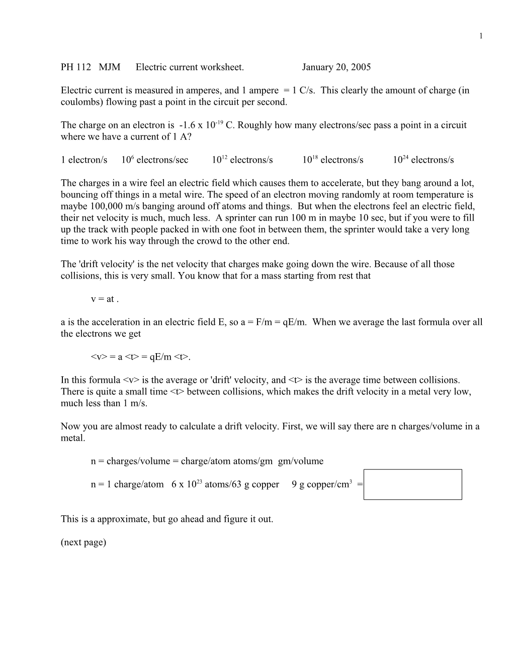 PH 112 Electric Current Worksheet
