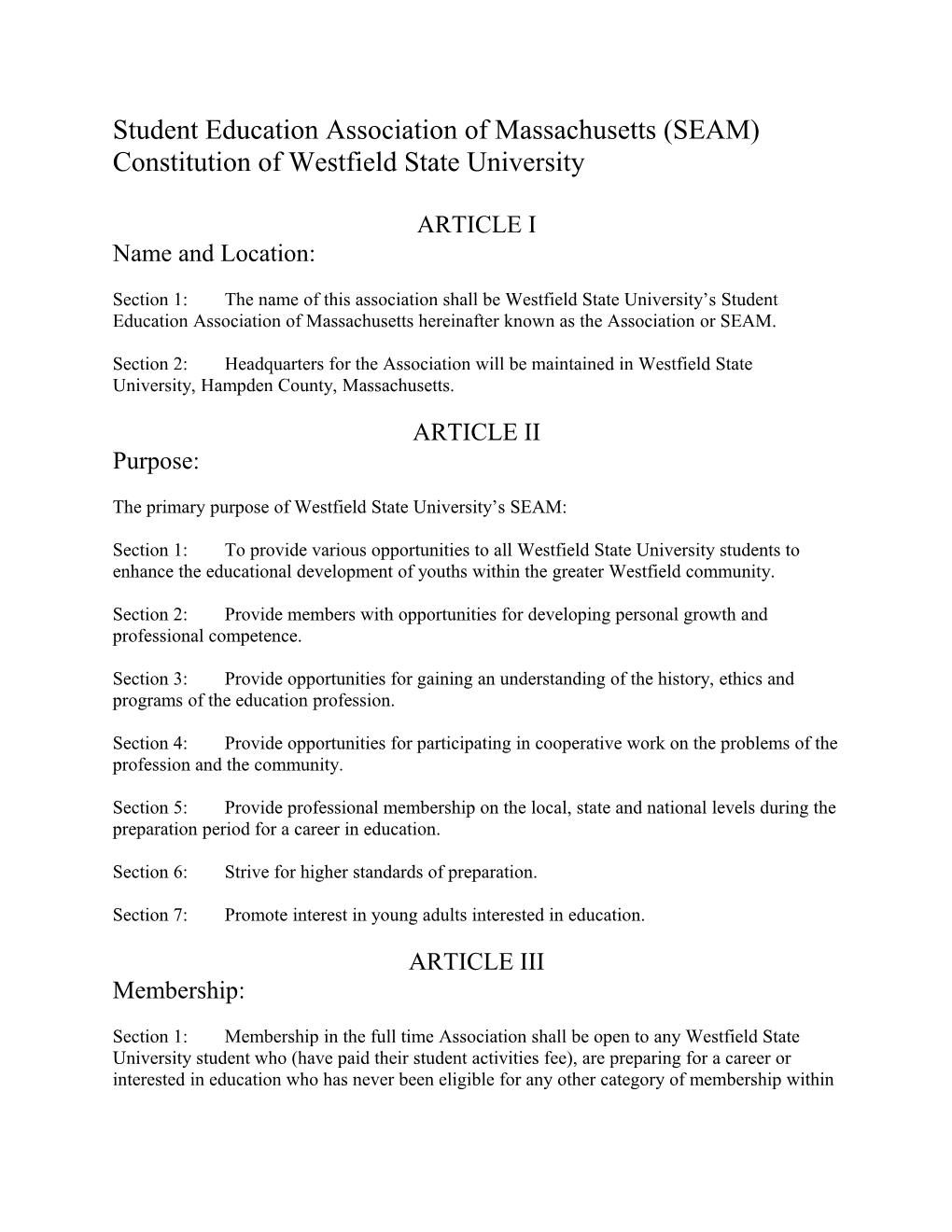Student Education Association of Massachusetts (SEAM) Constitution of Westfield State University