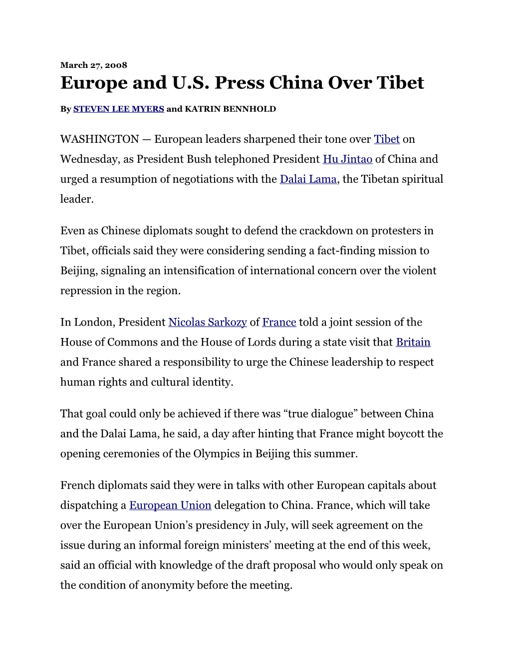 Europe and U.S. Press China Over Tibet