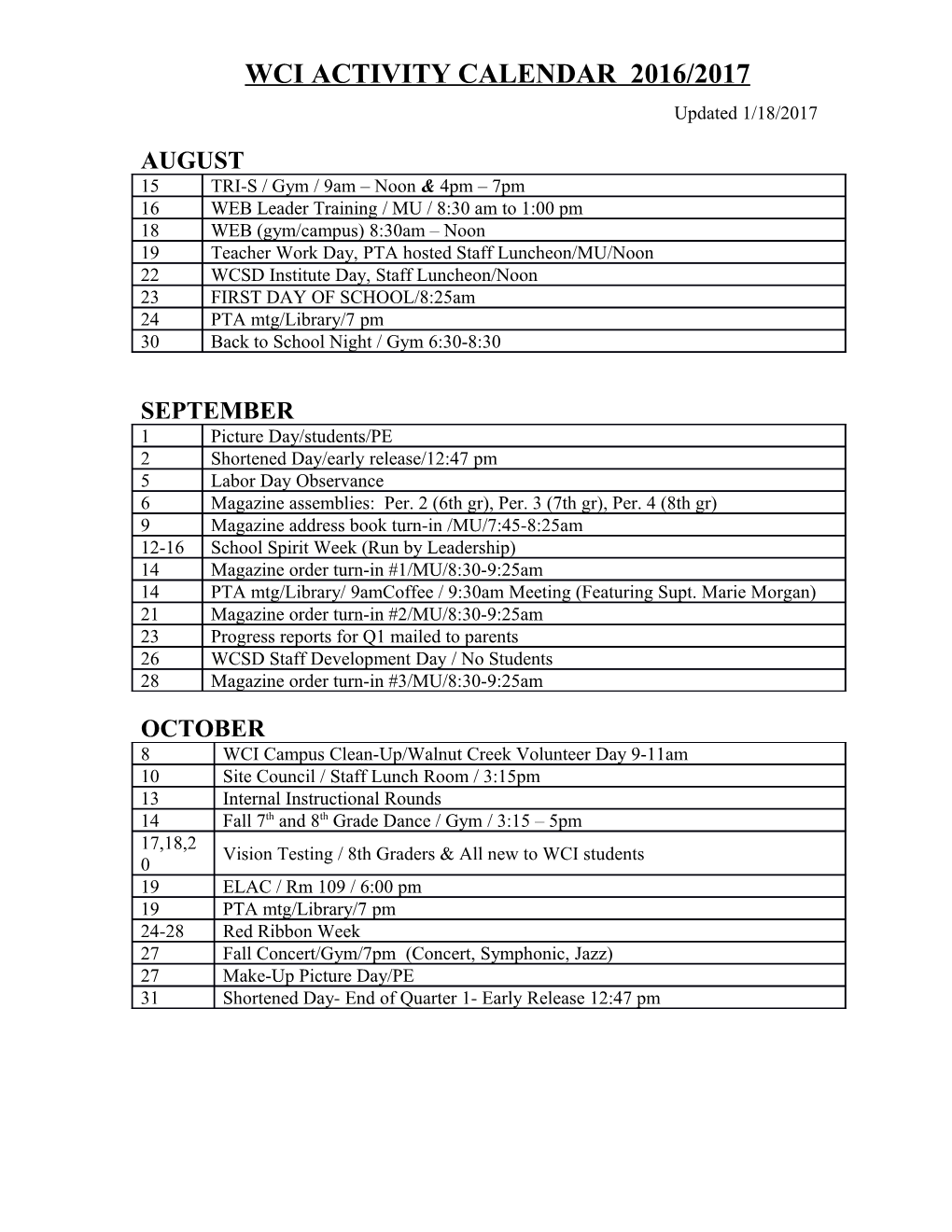 Wci Activity Calendar 2016/2017