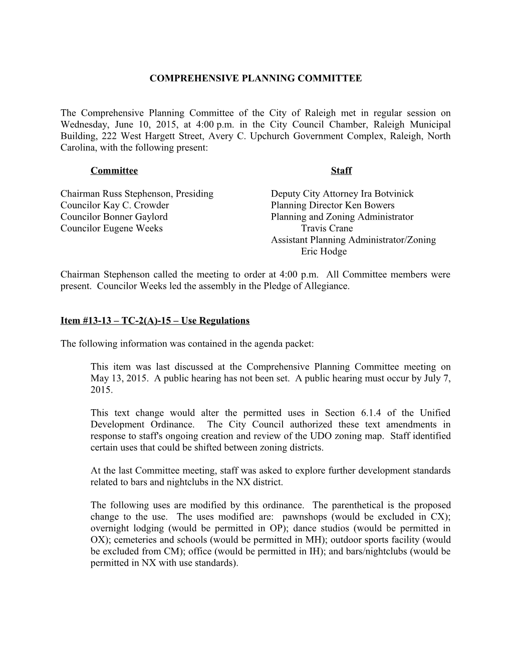 Comprehensive Planning Committee Minutes - 06/10/2015