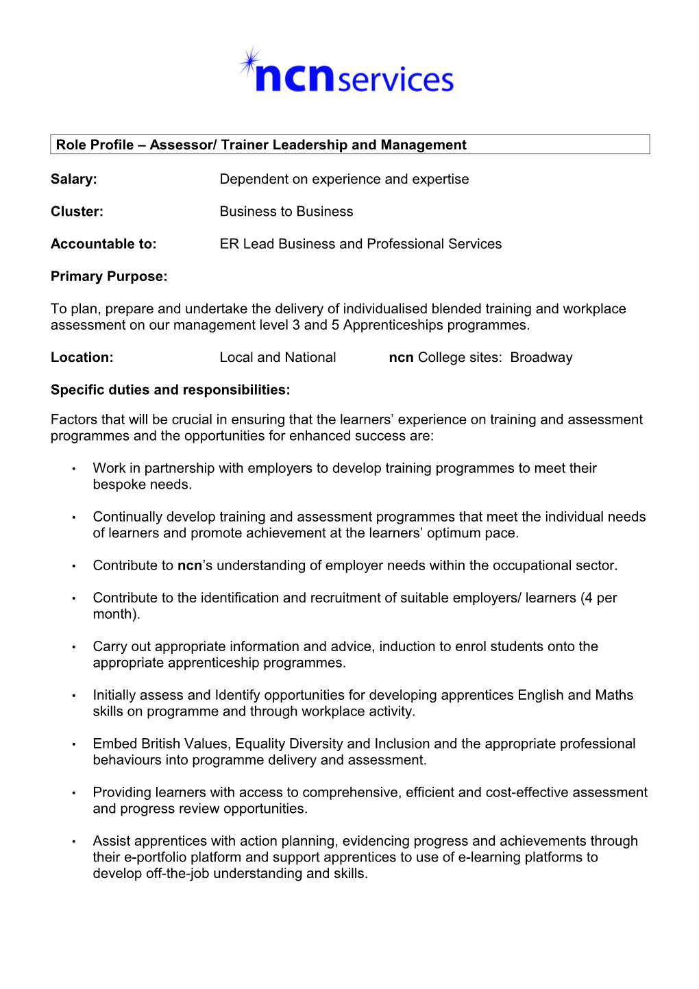 Role Profile Assessor/ Trainerleadership and Management