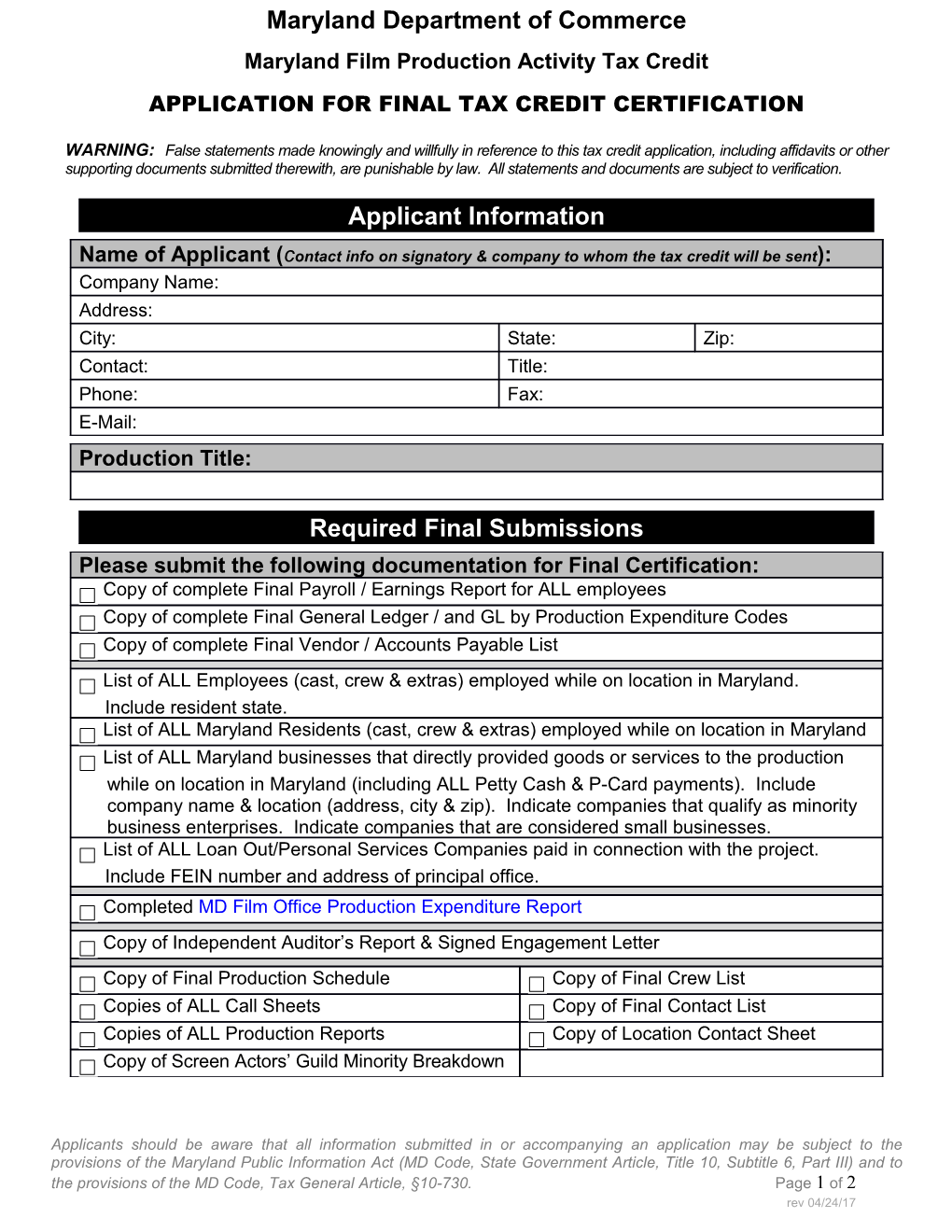 APPLICATION for FINAL TAX CREDIT CERTIFICATION Page 1