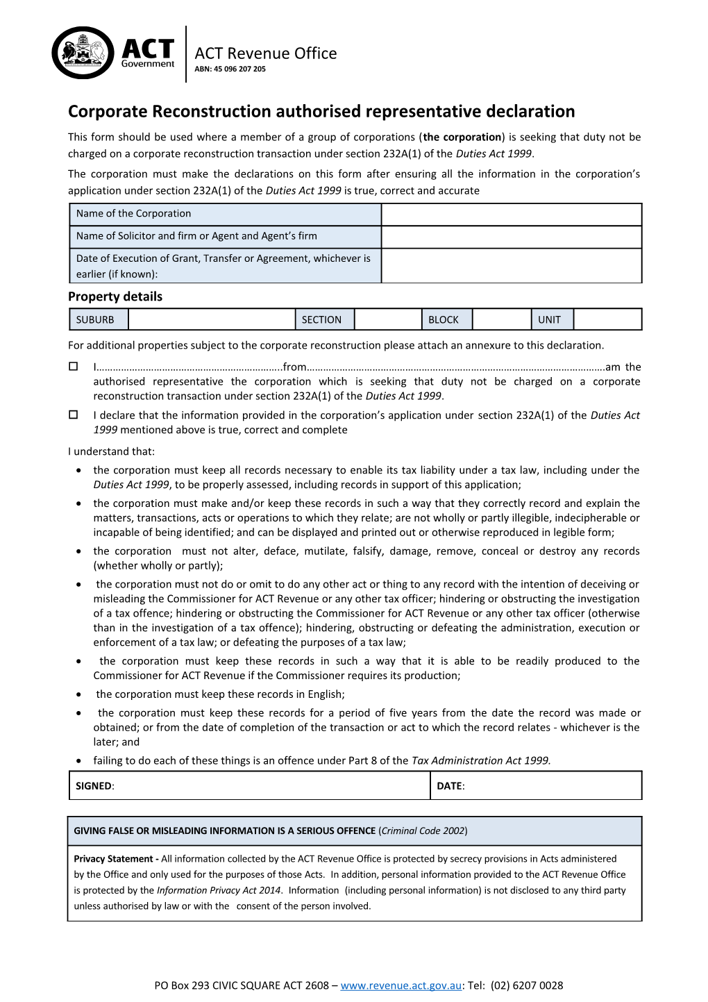 Corporate Reconstruction Authorised Representativedeclaration