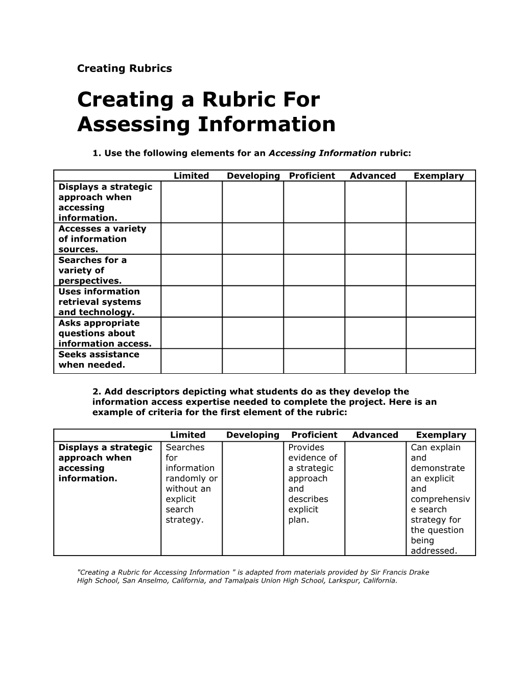 1. Use the Following Elements for an Accessing Information Rubric