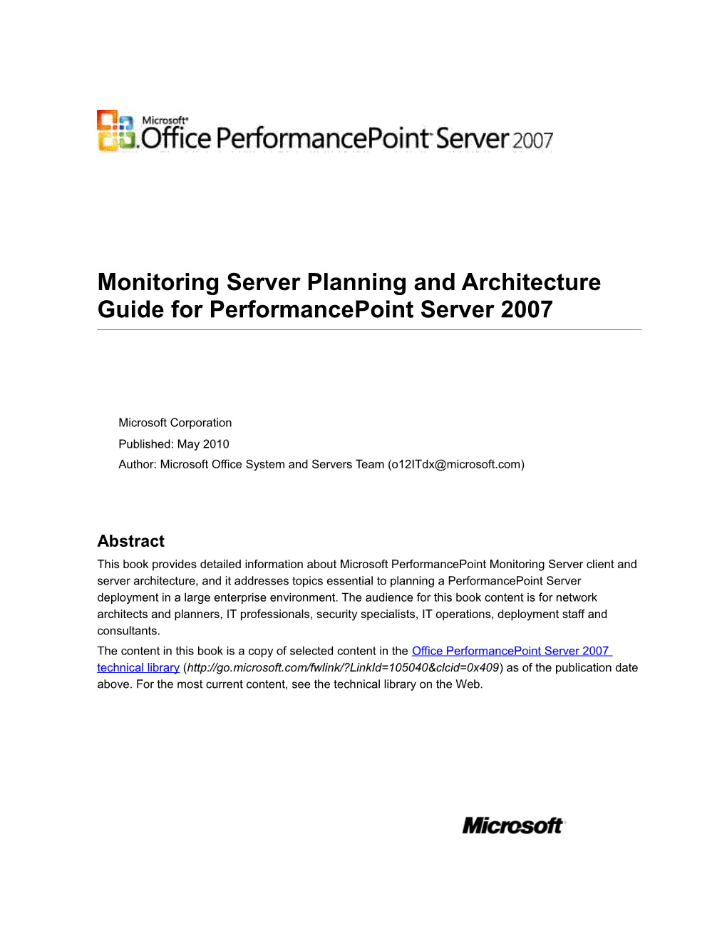 Monitoring Server Planning and Architecture Guide for Performancepoint Server 2007