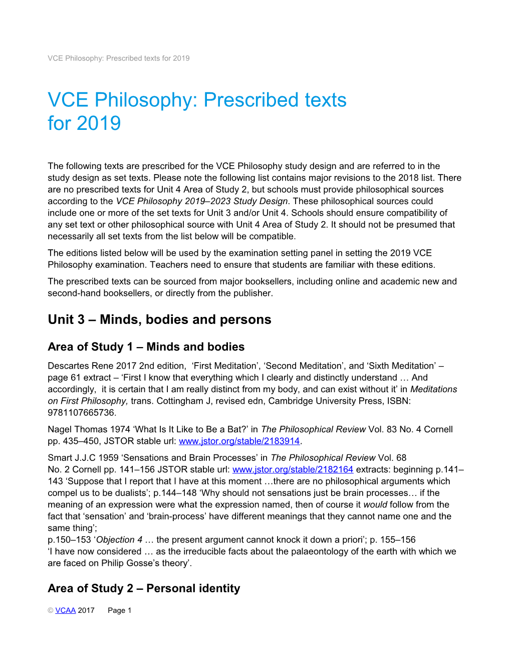 VCE Philosophy: Prescribed Texts for 2019
