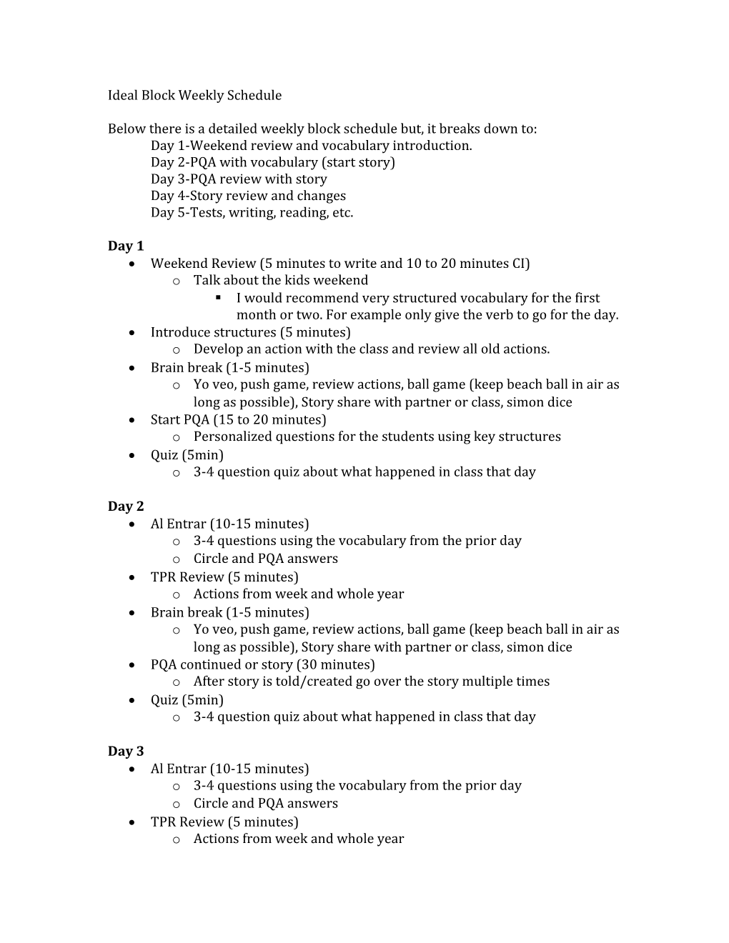 Ideal Block Weekly Schedule