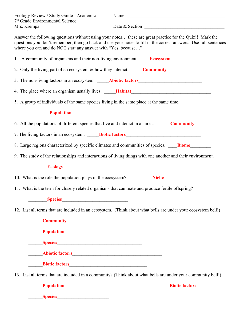 Ecology Review / Study Guide - Academicname ______