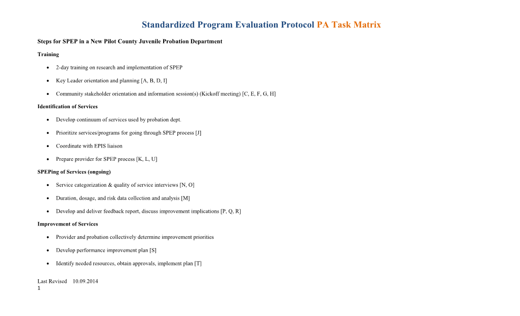 Steps for SPEP in a New Pilot County Juvenile Probation Department