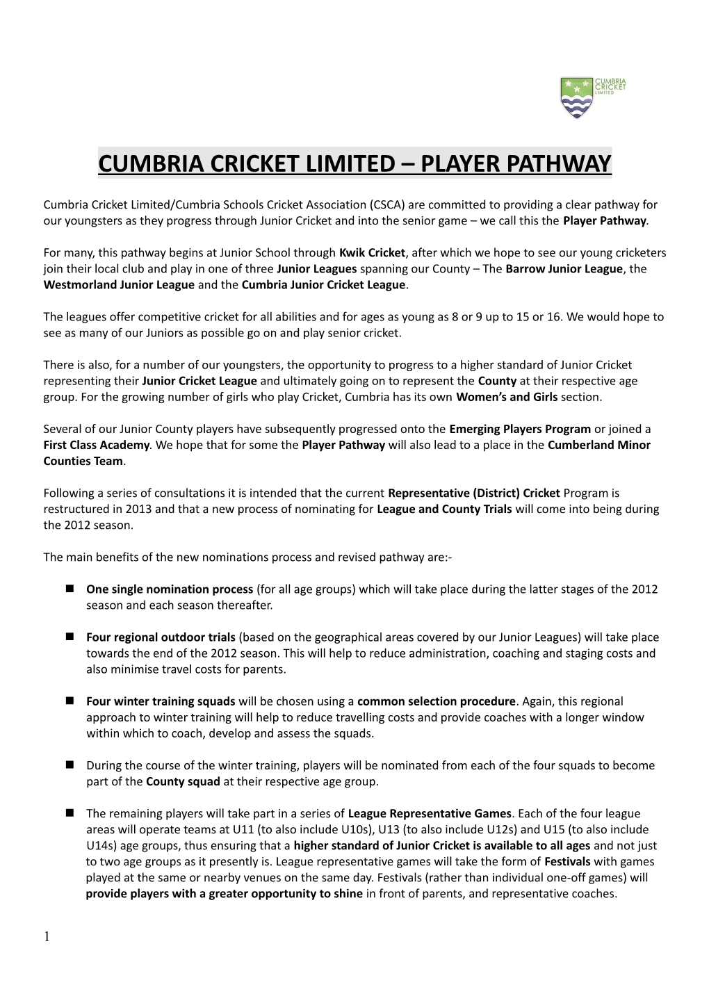 Cumbria Cricket Limited Player Pathway