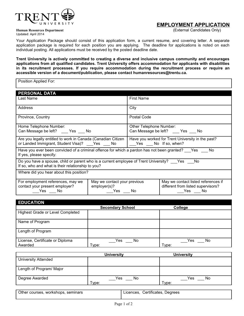 Human Resources Department (External Candidates Only)Updated: April 2014