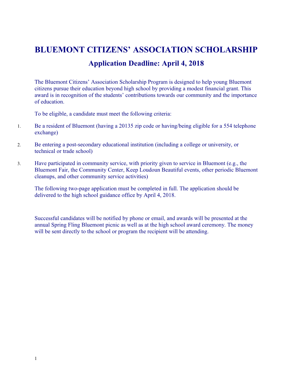 Bluemont Citizens Association Scholarship