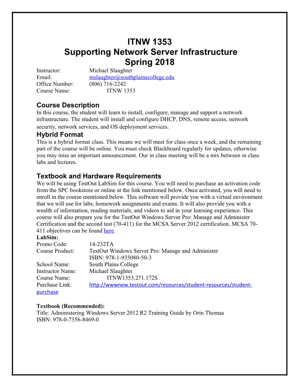 ITNW 1353 Supporting Network Server Infrastructure Spring 2018