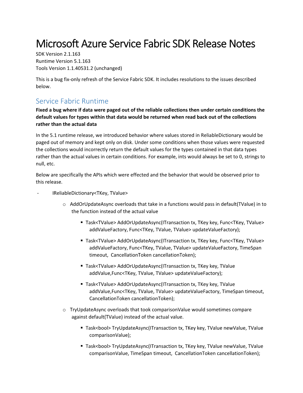 Microsoft Azure Service Fabric SDK Release Notes