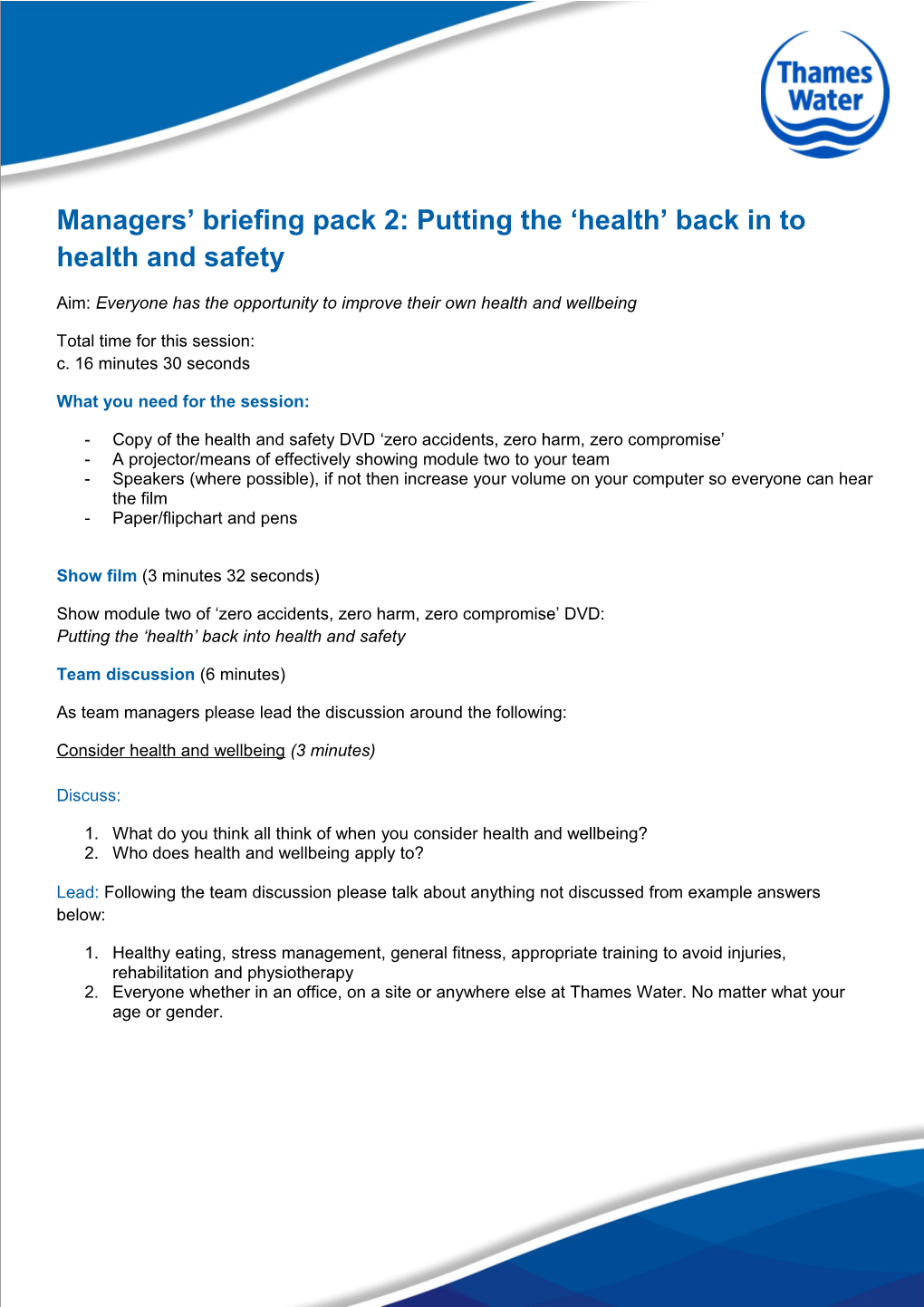 Managers Briefing Pack 2: Putting the Health Back in to Health and Safety