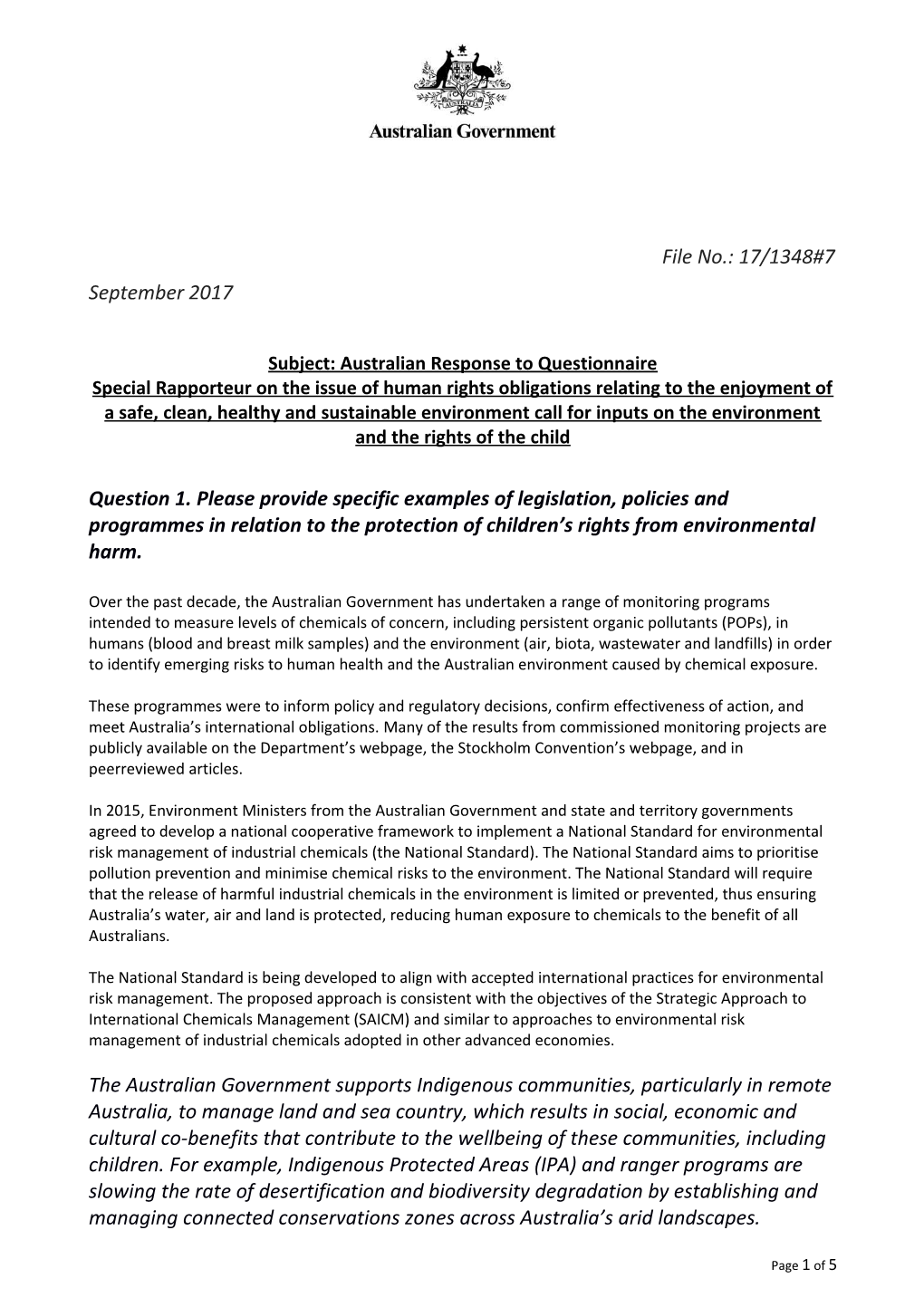 Subject: Australian Response to Questionnaire Special Rapporteur on the Issue of Human